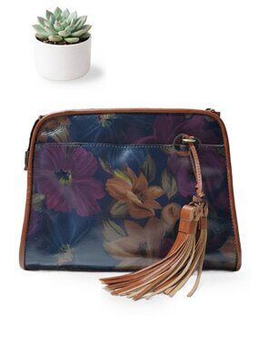 Patricia Nash Hand-Painted Floral Leather Clutch Bag Tassel Navy Purple Purse